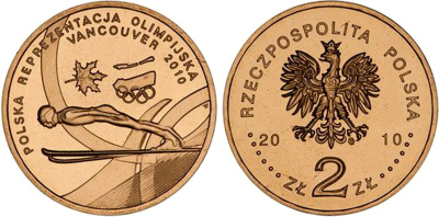 Польша 2 злотых 2010 MW, XXI Зимние Олимпийские игры в Ванкувере 2010 года, польская сборная KM 715 нордик UNC 4676-637