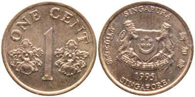 Сингапур 1 цент 1995 KM 98 цинк плакированный медью UNC 4392-122
