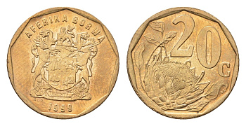 ЮАР 20 центов 1999 герб, цветок протея KM 162 сталь плакированная латунью UNC 4694-869