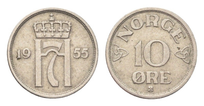 Норвегия 10 эре 1955 Хокон VII (1905-1957) KM 396 медно-никель 4705-838