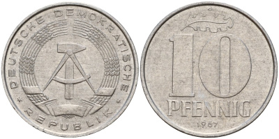 ГДР 10 пфеннигов 1967 A KM 10 алюминий 28-322