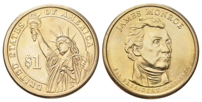США 1 доллар 2008 D, Президент США - Джеймс Монро (1817-1825) KM 426 медь с марганцево-латунным покрытием UNC 4695-913
