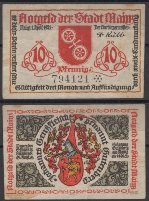 Майнц 10 пфеннигов 1921 DeNG 2 860.2a-1/3 бумага 8613-61-1-2