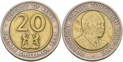 Кения 20 шиллингов 1998 Дэниэл арап Мои KM 32 биметалл 4556-1252