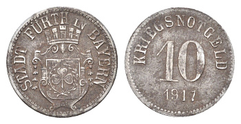 Фюрт в Баварии 10 пфеннигов 1917 Funck 145.3, Men05 8540.9, Men18 10637.9 железо 4708-851