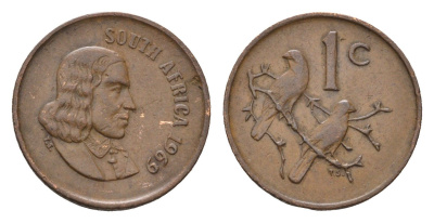 ЮАР 1 цент 1969 Ян ван Рибек (1619-1677), South Africa, легенда на африкаанс, капские воробьи KM 65.1 бронза 4690-1158