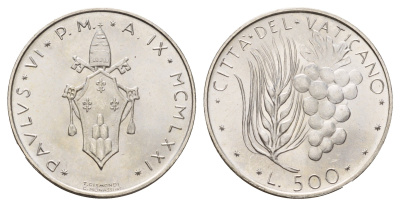 Ватикан 500 лир 1971 MCMLXXI KM 123 серебро UNC 11-134-42