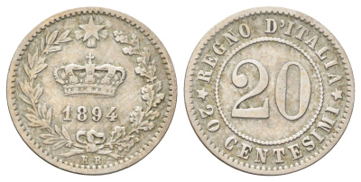 Италия 20 чентезимо 1894 KB, Умберто I (1878-1900) KM 28 медно-никель 4708-548