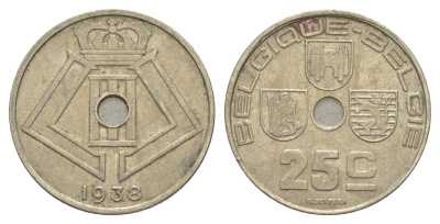 Бельгия 25 сантимов 1938 Belgique - Belgie, Леопольд III (1934-1947) KM 114 никель латунь 4619-833