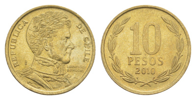 Чили 10 песо 2010 KM 228 никель латунь UNC 4649-557