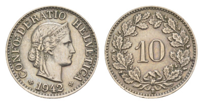 Швейцария 10 раппенов 1942 B KM 27 медно-никель 4609-439