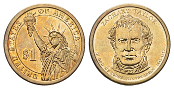 США 1 доллар 2009 P, серия президенты США, Закари Тейлор (1849-1850) KM 451 медь с марганцево-латунным покрытием UNC 4698-1053