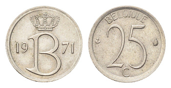 Бельгия 25 сантимов 1971 Belgique, Бодуэн I (1951-1993) KM 153 медно-никель 4705-338