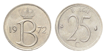 Бельгия 25 сантимов 1972 Belgie, Бодуэн I (1951-1993) KM 154 медно-никель 4705-355
