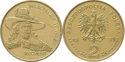 Польша 2 злотых 1999 MW, серия Польские короли, Владислав IV Ваза (1632-1648) KM 368 нордик UNC 4153-926
