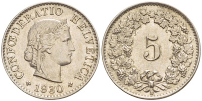 ШВЕЙЦАРИЯ 5 РАППЕНОВ 1930 В KM 26 медно-никель 4532-927
