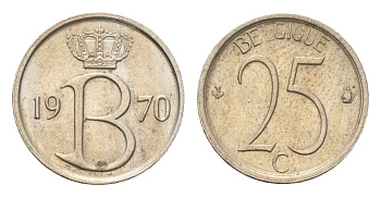 Бельгия 25 сантимов 1970 Belgique, Бодуэн I (1951-1993) KM 153 медно-никель 4705-336