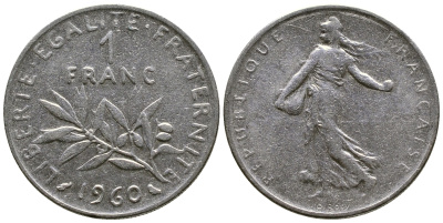 ФРАНЦИЯ 1 ФРАНК 1960 СЕЯТЕЛЬ KM 925.1, LE FRANC 226.4 никель 51-4323