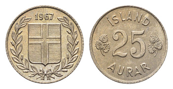 Исландия 25 эйре 1967 KM 11 медно-никель UNC 4696-348