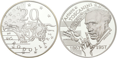 Нидерланды 20 евродолларов 1999 Артуро Тосканини (1899-1980), диаметр 39 мм., в коробке, с сертификатом серебро PROOF 00-00