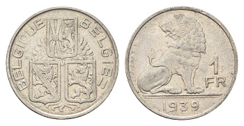 Бельгия 1 франк 1939 Леопольд III (1934-1950), Belgique-Belgie, лев KM 119 никель 4705-364