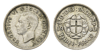 Великобритания 3 пенса 1940 Георг VI (1936-1952) KM 848, Spink 4085 серебро 4690-751