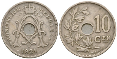 Бельгия 10 сантимов 1921 Belgie KM 86 медно-никель 26-453
