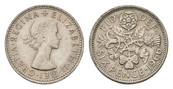 Великобритания 6 пенсов 1966 Елизавета II (1952-2022) KM 903, Spink 4149 медно-никель 4708-347
