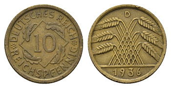 Германия 10 рейхспфеннигов 1936 D KM 40, J. 317, Weege 9 алюминиевая бронза 4702-346