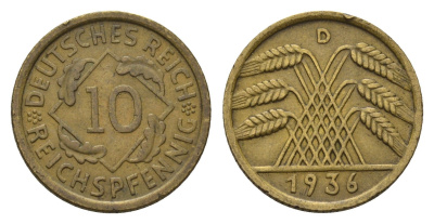 Германия 10 рейхспфеннигов 1936 D KM 40, J. 317, Weege 9 алюминиевая бронза 4702-346