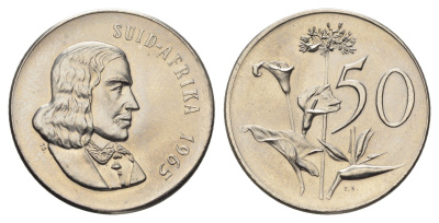 ЮАР 50 центов 1965 редкий год, Ян ван Рибек (1619-1677), Suid Africa, легенда на африкаанс, Зантедеския Эллиота (калла) KM 70.2 никель BU 4693-324