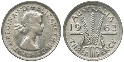 Австралия 3 пенса 1963 m, Елизавета II (1952-2022) KM 57 серебро 71-863