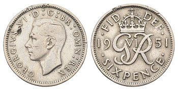 Великобритания 6 пенсов 1951 Георг VI (1936-1952) KM 875, Spink 4110 медно-никель 4697-641