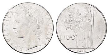 Италия 100 лир 1978 R, Афина в доспехах KM 96.1 нержавеющая сталь 4704-753