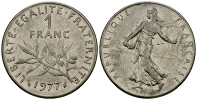 Франция 1 франк 1977 сеятель KM 925.1, Le Franc 226.4 никель 4138-315