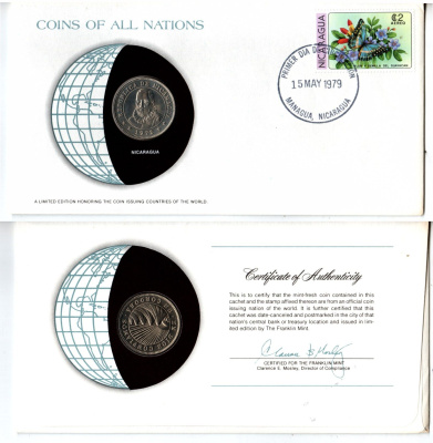 Никарагуа 1 кордоба 1972 конверт с маркой первого дня гашения, Coins of Nations KM 26 медно-никель UNC 4294-54-2