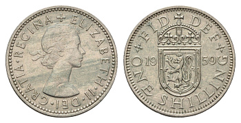 Великобритания 1 шиллинг 1959 Елизавета II (1952-2022), Шотландский герб, редкий год KM 905, Spink 4148 медно-никель 270-1435