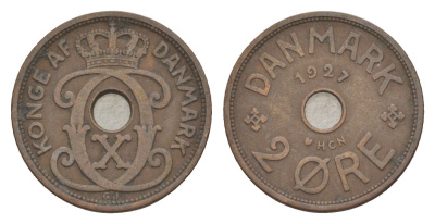 Дания 2 эре 1927 HCN, Кристиан X (1912-1947) KM 827 бронза 4639-727