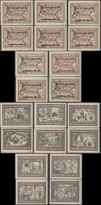 Прицвальк полный набор из 10 нотгельдов (50 и 75 пфеннигов; 1, 1,5 и 2 марки) 1922 Grabowski 1077.1 бумага UNC (пресс) 7556-10-1-1