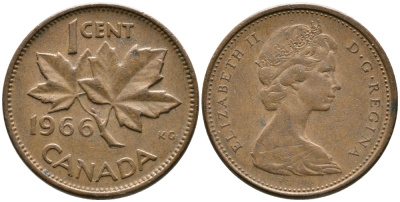 Канада 1 цент 1966 Елизавета II (1952-2022), кленовый лист KM 59.1 бронза 4528-728