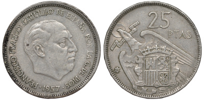ИСПАНИЯ 25 ПЕСЕТ 1957 (66) ФРАНСИСКО ФРАНКО ДИКТАТОР ИСПАНИИ (1939-1975) KM 787 медно-никель 45-1044