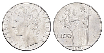 Италия 100 лир 1976 R, Афина в доспехах KM 96.1 нержавеющая сталь 4704-733