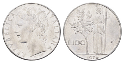 Италия 100 лир 1976 R, Афина в доспехах KM 96.1 нержавеющая сталь 4704-733