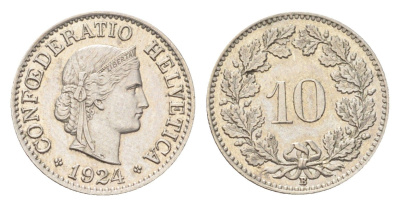 Швейцария 10 раппенов 1924 B KM 27 медно-никель 4708-138
