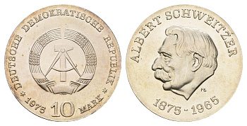 ГДР 10 марок 1975 А, 100 лет со дня рождения Альберта Швейцера KM 56, J. 1554 серебро UNC 1099-2-41