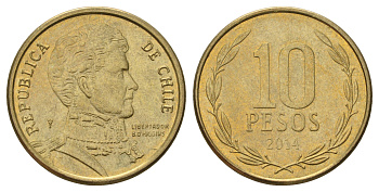 Чили 10 песо 2014 KM 228 никель латунь UNC 4171-612