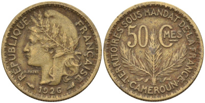 Камерун 50 сантимов 1926 (a), мондвор Париж KM 1 алюминиевая бронза 4164-1246