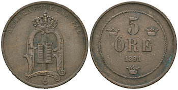 Швеция 5 эре 1891 Оскар II (1872-1907) KM 757 бронза    4171-617