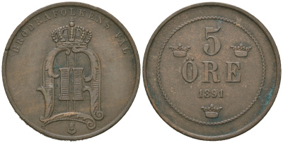 Швеция 5 эре 1891 Оскар II (1872-1907) KM 757 бронза    4171-617