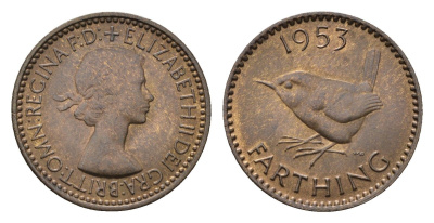 Великобритания 1 фартинг 1953 Елизавета II (1952-2022), год-тип KM 881, Spink 4156 бронза UNC 4690-769